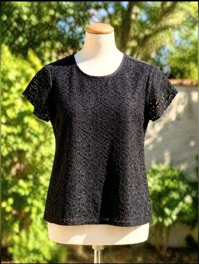 Faded Glory Black Lace Overlay Short Sleeve Blouse Top Womens Large EUC Shirt